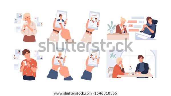 Dating app using vector illustrations set.\
Meeting website, acquaintance and speed date mobile application.\
Online correspondence, rendezvous, communication. Liking, match,\
couple building\
concept.