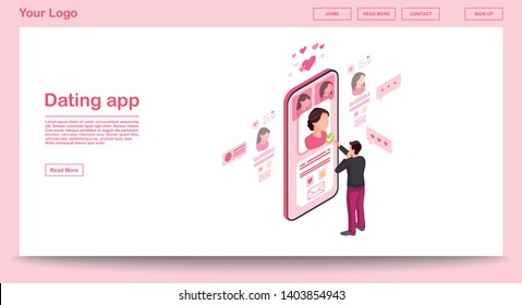 Dating app webpage vector template with isometric illustration. Male picking date. Persons social network profile. Messaging, liking website interface design. Pink webpage, mobile app 3d concept