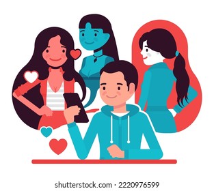 Dating app or website, matches, responses, and dates. Developing social skills for finding man, woman of dream, virtual meeting, stand-out profile to attract. Vector creative vibrant illustration