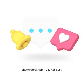 Aplicación de citas chat mensaje de notificación entrante con timbre 3d icono Ilustración vectorial realista. Servicio de citas en línea Web comunicación encuentro relación de amor social media mensajes de texto