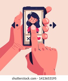 Concepto de aplicación de fecha. Elige tu alma gemela. Ilustración vectorial de dibujos animados. Coincidencia, chat y fecha. Estilo retro. Teléfono inteligente a mano. Batir fotos.