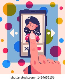 Dating application concept. Choose your soulmate. Cartoon vector illustration. Match, chat and date. Retro style. Smartphone on hand. Swipe photos.