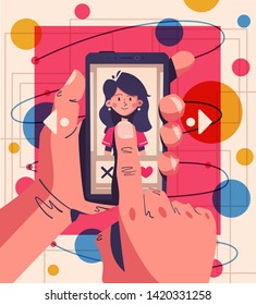 Dating application concept. Choose your soulmate. Cartoon vector illustration. Match, chat and date. Retro style. Smartphone on hand. Swipe photos.