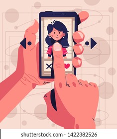 Dating application concept. Choose your soulmate. Cartoon vector illustration. Match, chat and date. Retro style. Smartphone on hand. Swipe photos.