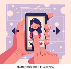 Dating application concept. Choose your soulmate. Cartoon vector illustration. Match, chat and date. Retro style. Smartphone on hand. Swipe photos.