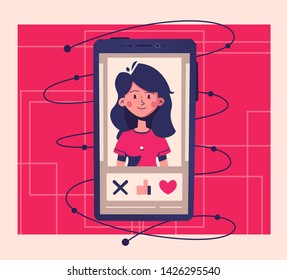 Dating application concept. Choose your soulmate. Cartoon vector illustration. Match, chat and date. Retro style. Smartphone on hand. Swipe photos.