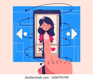 Dating application concept. Choose your soulmate. Cartoon vector illustration. Match, chat and date. Retro style. Smartphone on hand. Swipe photos.