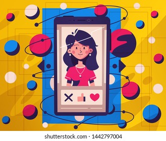 Dating application concept. Choose your soulmate. Cartoon vector illustration. Match, chat and date. Retro style. Smartphone on hand. Swipe photos.