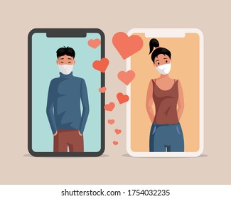 Dating application during coronavirus outbreak vector flat cartoon concept. Young happy people in protective face masks falling in love. Smartphone display with woman and man profiles, heart signs.