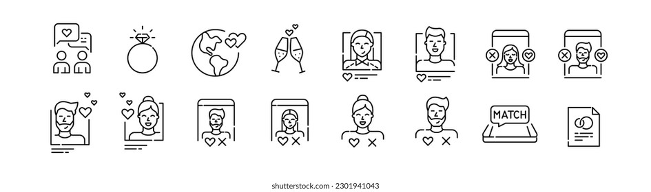 Dating-Anwendung. Findet Übereinstimmung. Beziehungen, die zur Ehe führen. Pixel perfekte, bearbeitbare Strichzeilensymbole