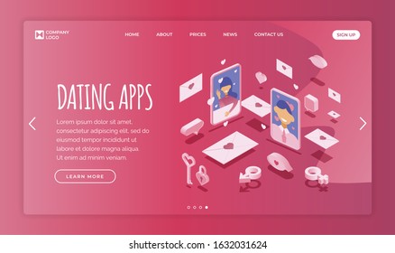 Dating application landing page template with text space. Smiling man and woman profiles surrounded love signs, hearts, keys, bubble, male and female signs isometric vector illustration.