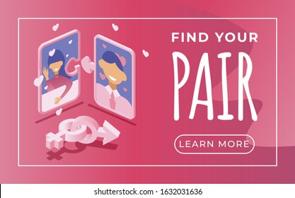 Dating application landing page template with text space. Isometric vector illustration of smiling man and woman profiles with love signs. Happy man and woman finding each other website page design.