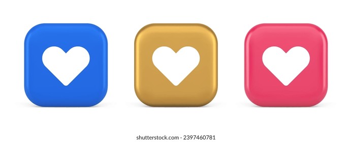 Dating application mobile interface button with heart social network communication 3d realistic blue gold and pink icons. Date app virtual romance meeting for love partner searching