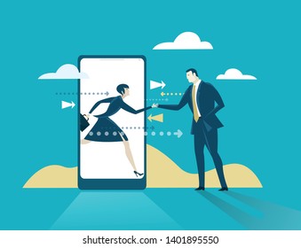 Dating application. Modern way of introduction. Business people meet online

