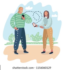 Dating application on mobile phone as concept. Couple of guy and girl is sending each other to smartphone a love message online. Vector cartoon illustration of men and woman in modern concept