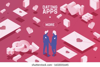 Dating application website template with text space. Vector Isometric illustration of couple in love, standing among the love signs, hearts, chat bubbles, letters, female and male signs.