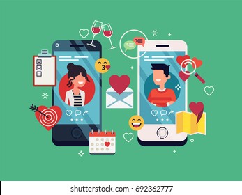 Dating applications concept. Cool vector illustration on online dating app users with abstract web site profiles, icons and symbols