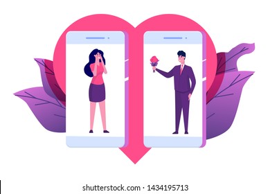 Dating applications, virtual relationships concept.  Man and woman on smartphones. Vector illustration