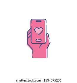 Dating apps Icon, vector illustration of online dating app icons in flat style, mobile in hand line vector, valentine day special icon