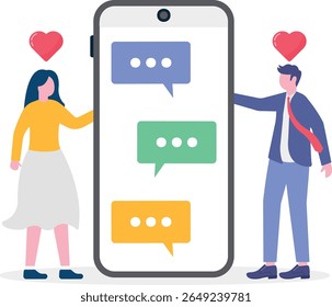 Namoro aplicativos, namoro on-line usando a internet e mídias sociais para encontrar o relacionamento romântico concept.flat personagem vida .


