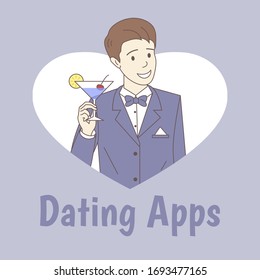 Dating apps poster template with text space. Smiling man in formal clothes in heart shaped frame holding glass of cocktail vector cartoon outline illustration. Online dating banner design.