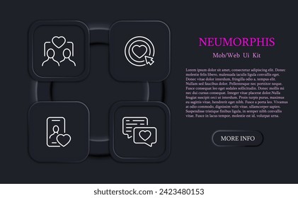 Las aplicaciones de citas establecen el icono de línea. Comunicación, amor, relaciones, charlas, sentimientos, emociones. Estilo neomorfista. Icono de línea de vector para negocios y publicidad