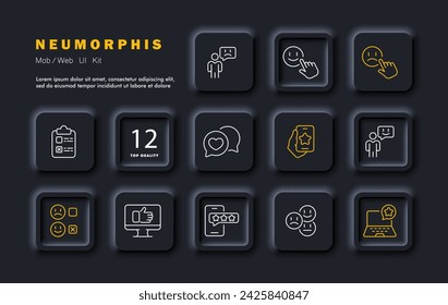 Icono de línea de conjunto de aplicaciones de citas. Smartphone, estrella, coincidencia de intereses, portátil, evaluación, emociones. Estilo neomorfista. Icono de línea vectorial para negocios y publicidad