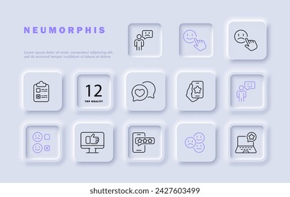 Icono de línea de conjunto de aplicaciones de citas. Smartphone, estrella, coincidencia de intereses, portátil, evaluación, emociones. Estilo neomorfista. Icono de línea vectorial para negocios y publicidad