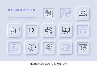 Icono de línea de conjunto de aplicaciones de citas. Smartphone, estrella, coincidencia de intereses, portátil, evaluación, emociones. Estilo neomorfista. Icono de línea vectorial para negocios y publicidad