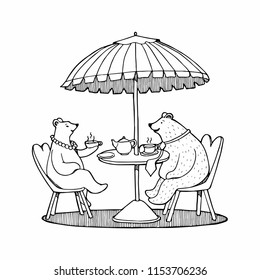 Dating bears couple. A couple sitting in a cafe table. A couple drinking coffee