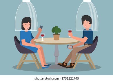 Dating in cafe after pandemic covid-19 corona virus. New normal is social distancing. Flat design stock vector concept