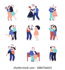 Dating characters. Adult happy couple, people in love together. Romantic hugging man woman, outdoor meeting young persons decent vector set