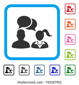 Dating Chat icon. Flat grey pictogram symbol inside a light blue rounded rectangular frame. Black, gray, green, blue, red, orange color variants of Dating Chat vector. Designed for web and app UI.