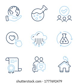 Dating chat, Like button and Home line icons set. Diploma certificate, save planet, group of people. Chemistry lab, Cloud storage and Chemistry experiment signs. Vector