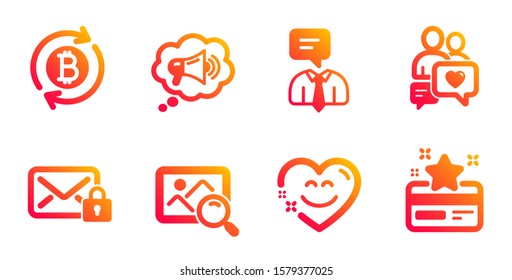 Dating chat, Refresh bitcoin and Smile chat line icons set. Megaphone, Support service and Search photo signs. Secure mail, Loyalty card symbols. People love, Update cryptocurrency. Vector