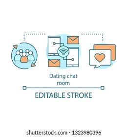 Dating chat room concept icon. Online messaging idea thin line illustration. Romantic chatting. Speech bubble with heart. Internet communication. Vector isolated outline drawing. Editable stroke 