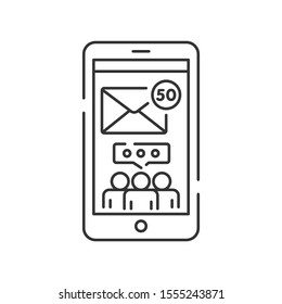 Dating chat room on smartphone screen color line icon. Internet communication, forum. Sign for web page, mobile app.