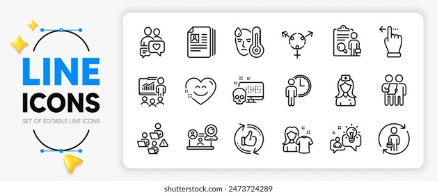 Dating chat, Survey and Idea line icons set for app include Touchscreen gesture, Presentation, Hospital nurse outline thin icon. Replacement, Waiting, Video conference pictogram icon. Vector