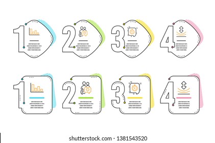 Dating chat, Timer and Histogram icons simple set. Resilience sign. People love, Time management, Economic trend. Elastic. Infographic timeline. Line dating chat icon. 4 options or steps. Vector