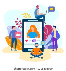 Dating and chatting on the mobile application on the smartphone, men send messages and attention signs to the woman they like. Vector illustration for web design, social networks and blogging.