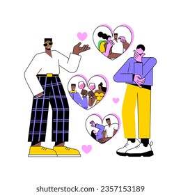 Entrenador de citas ilustraciones aisladas de vectores de dibujos animados. Hombre de confianza hablando con un tipo tímido, explicando comportamiento con mujeres, asesoría de citas, resolviendo problemas de vida personal de dibujos animados vectores.
