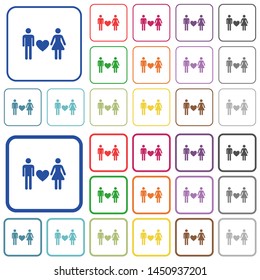 Dating color flat icons in rounded square frames. Thin and thick versions included.