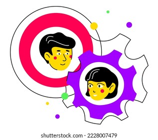 Compatibilidad de fechas - ilustración de diseño plano colorido con elementos lineales. Composición coloreada con encuentro de hombres y mujeres. Conocer a los demás, comunicación, reciprocidad