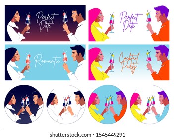 Dating concept label design. Vector modern flat art style illustration of a beautiful couple on a date raising their drinks and looking at each other. Couple on the vacation or night date.