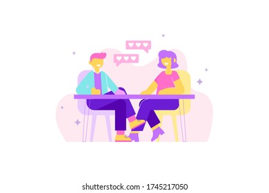 Dating concept. Man and woman chatting in cafe. Flirt, love, relationships. Modern flat style vector illustration