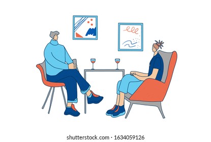 Dating concept. Two adult persons sitting in the chair and having small talk. Friends spending time together at home with wine. Couple enjoying their free time. Vector flat illustration.