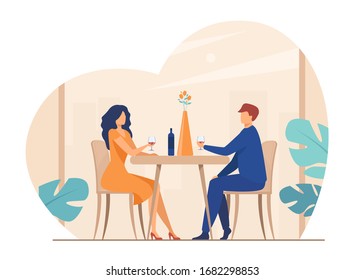 Dating couple enjoying romantic dinner. Young man and woman sitting at restaurant table, drinking wine. Vector illustration for relationship, love, anniversary concept