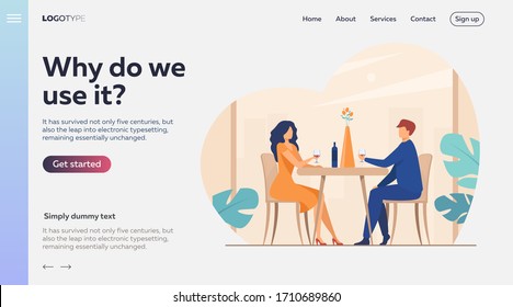 Dating couple enjoying romantic dinner. Young man and woman sitting at restaurant table, drinking wine. Vector illustration for relationship, love, anniversary concept