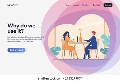 Dating couple enjoying romantic dinner. Young man and woman sitting at restaurant table, drinking wine. Vector illustration for relationship, love, anniversary concept