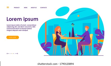 Dating couple enjoying romantic dinner. Young man and woman sitting at restaurant table, drinking wine. Vector illustration for relationship, love, anniversary concept